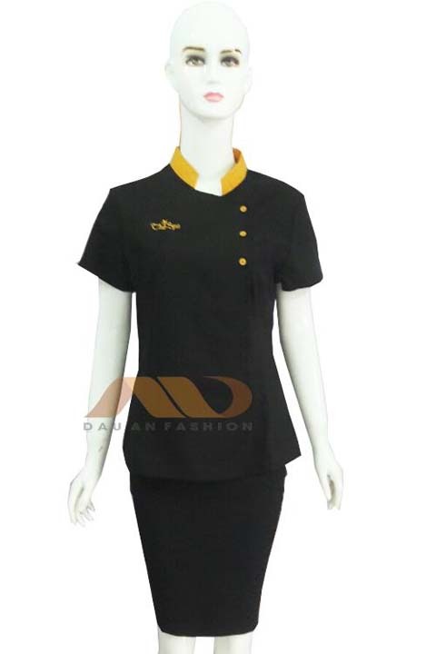 Đồng phục nhân viên spa đen phối vàng đồng SPA007